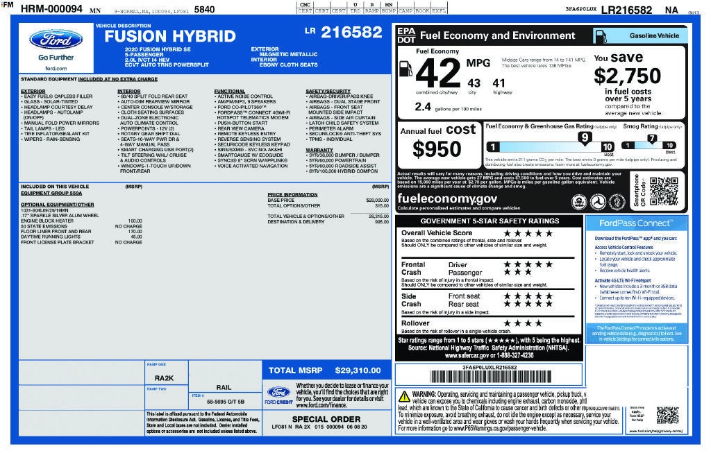 2020 Ford Fusion Hybrid SE